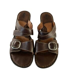 Born Brown Leather Cross Strap Wedge  Sandals Size 10